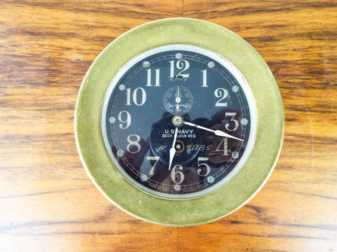 Vintage WW2 Seth Thomas No 2 Deck Clock Brass 1940s US Navy WWII USN Black Face