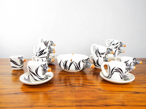 Vintage Whimsical Tom Hatton Zebra Ceramic 25 Set Demitasse Coffee 1980s Pottery