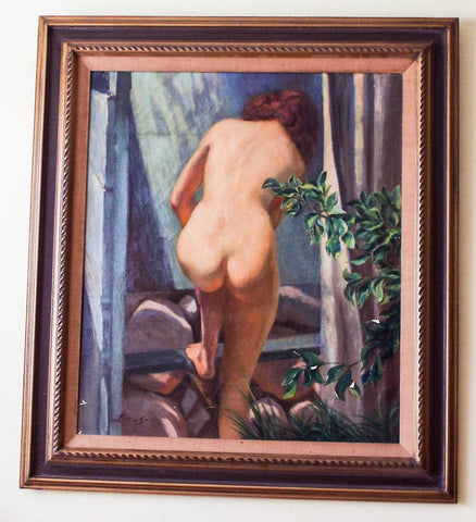 Vintage Bathing Nude Female Oil Painting ~ 30" x26" ~ Axel Linus ( 1885 - 1980 )