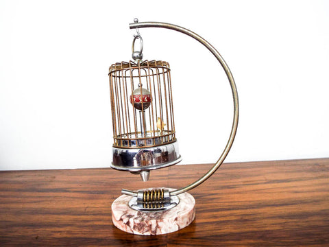 Vintage 1950s Bird Cage Mechanical Wind Up Clock w Rotating Bird Occupied Japan