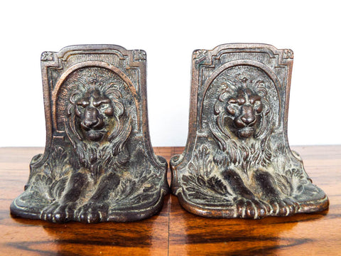 Vintage Pair of Figural Lion Bookends 1920s Metal Lions Cat Statue Book Ends