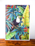 Vintage Large Signed Jungle Bird Toucan Painting Oil On Canvas Artist Budiartha