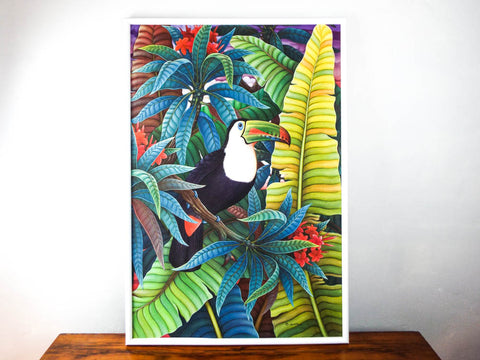 Vintage Large Signed Jungle Bird Toucan Painting Oil On Canvas Artist Budiartha