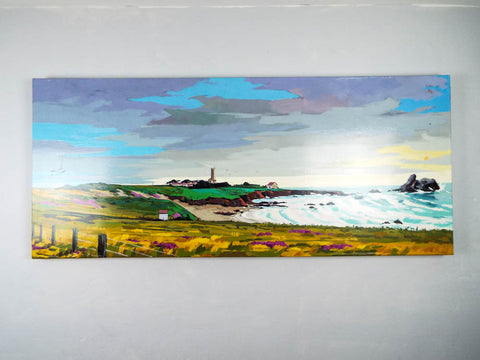 Vintage Large Signed Landscape Acrylic Painting Seascape on Board Lighthouse 56"