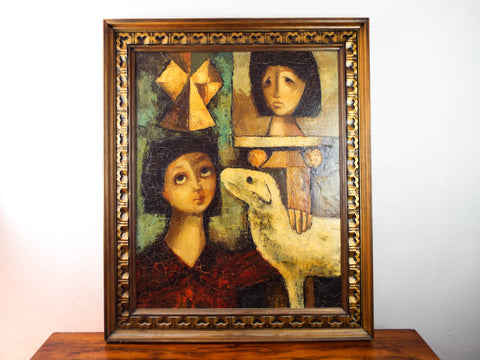 Vintage Original Oil On Canvas Framed Abstract Art Companion 1950s Bizarre Art