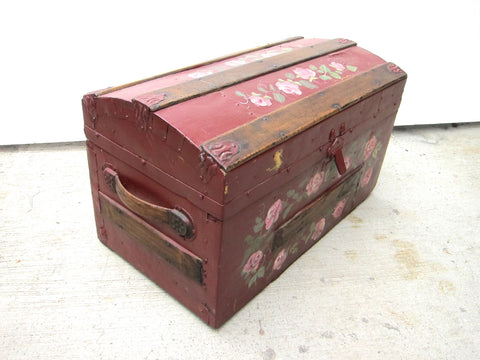 Antique Hand Painted Red Wooden Trunk - Yesteryear Essentials
 - 1