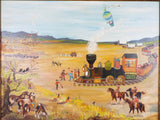 Signed Folk Art Oil Painting by Diana ~ Train & Hot Air Balloon - Yesteryear Essentials
 - 1