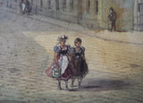 Antique Original Signed Johann Wilhelm Frey Austrian Street Scene Watercolor Painting