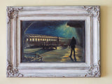 Vintage 1950s Oil Painting Atmospheric Train Station by F Celchados Mexico