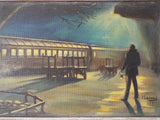 Vintage 1950s Oil Painting Atmospheric Train Station by F Celchados Mexico