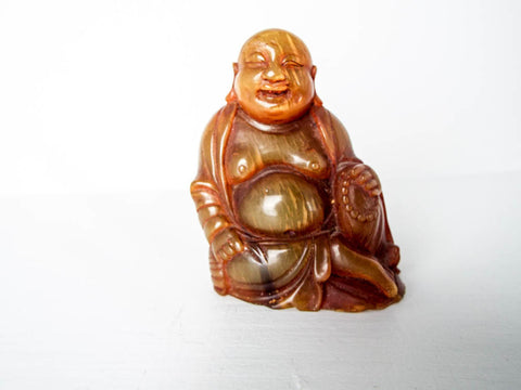 Vintage Asian Chinese Orange Amber Buddha Carved Figurine 2.5"