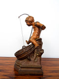 Antique Spelter French Sculpture August Moreau Boy Fishing