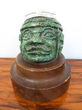 Vintage Green Stone Mayan Bust Head Sculpture Statue w/ Silver Crown