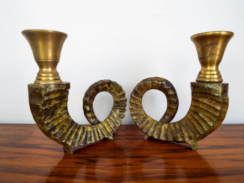 1970s Vintage Chapman Brass Ram Horn Style Candle Holders