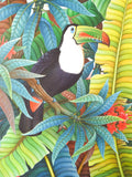 Vintage Large Signed Jungle Bird Toucan Painting Oil On Canvas Artist Budiartha