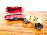 Antique French Mother Of Pearl Marchand Opera Glasses Binoculars Paris w/ Case