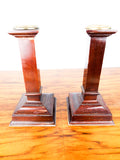 Antique British Arts & Crafts Wooden Candlesticks Brass Trim 1900 Square Gothic