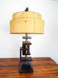 Retro Wooden Mid Century Table Lamp with Western Hide Shade