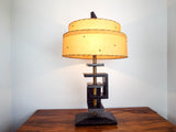 Retro Wooden Mid Century Table Lamp with Western Hide Shade