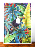 Vintage Large Signed Jungle Bird Toucan Painting Oil On Canvas Artist Budiartha