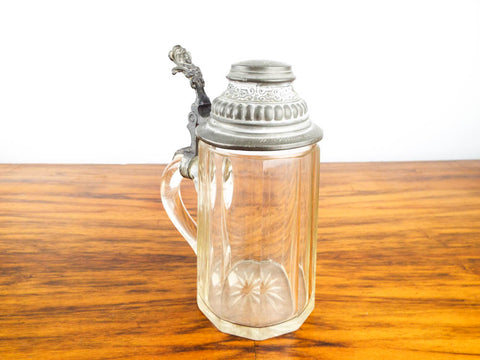 Antique German Cut Glass Pewter Lidded Stein