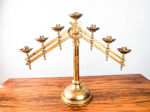 Antique Brass Menorah Adjustable Seven Arm Temple Candlestick Candle Holder