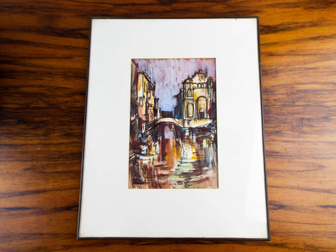 Original Vintage 1960s Signed Venice Canal Painting James Pinto Gouache On Paper