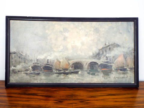 Vintage Signed Oil on Canvas Nautical Painting Seascape Boats Ships by V Benior