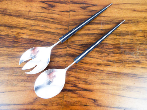 Vintage 1950s Celsa Sterling Silver & Wood Salad Serving Set Fork Wooden Spoon