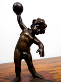 Antique Bronze Eugene Provost Cupid Weightlifting Sculpture