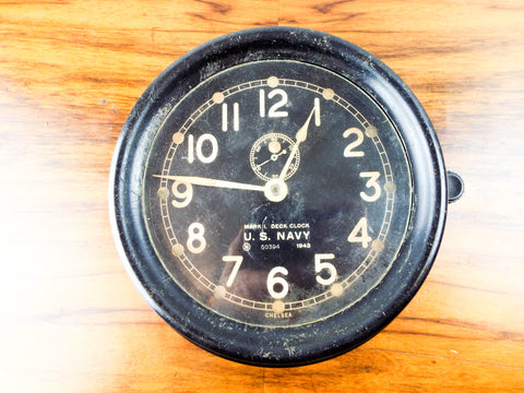 Vintage WW2 Chelsea Mark I Deck Clock Bakelite US Navy Black Face 1943 Mounted