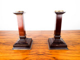 Antique British Arts & Crafts Wooden Candlesticks Brass Trim 1900 Square Gothic