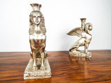 Vintage 1970s Hollywood Regency Female Greek Sphinx Candle Holders Sculptures