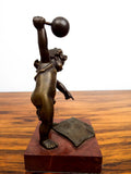 Antique Bronze Eugene Provost Cupid Weightlifting Sculpture