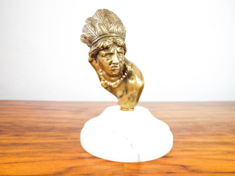 Antique 19th C Heavy Brass Sculpture ~ Native American Indian Head