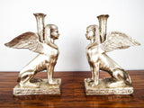 Vintage 1970s Hollywood Regency Female Greek Sphinx Candle Holders Sculptures