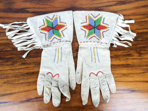 Antique Native American Star Beaded Fringe Hide Gauntlets