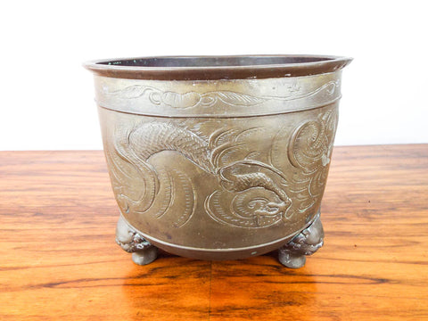 Vintage French Decorative Brass Planter Chinese Style Dragon Three Leg Pot Cover